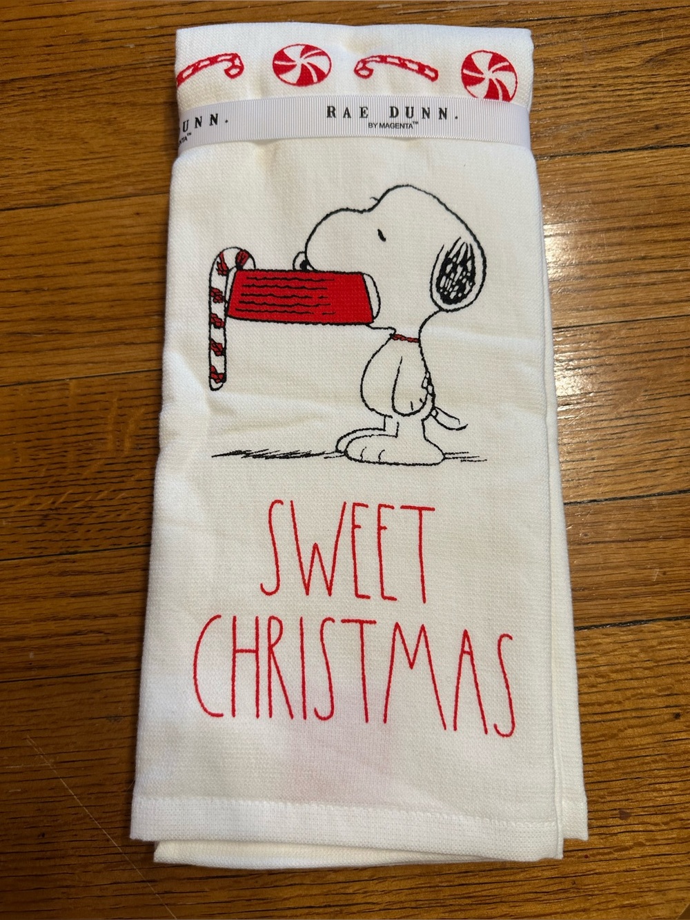 Rae Dunn White Kitchen Towel with Red Snoopy Candy Cane Design